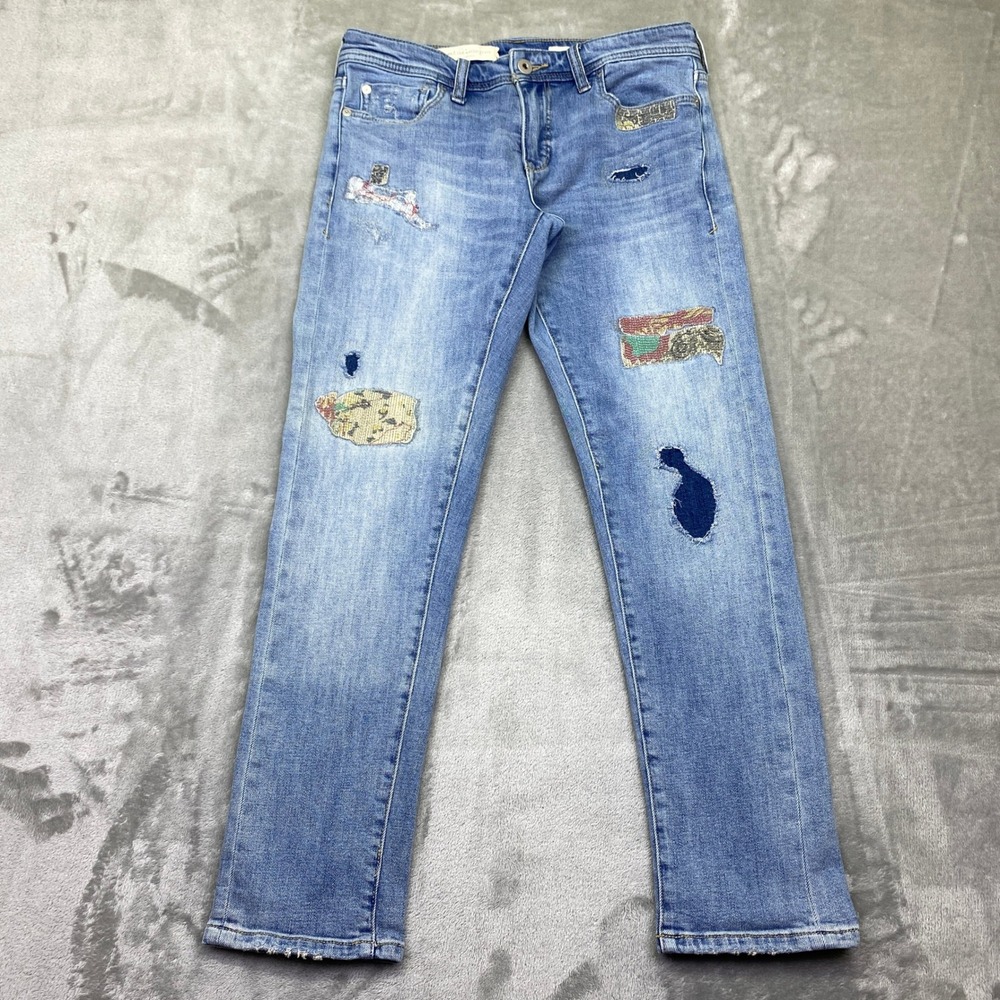 Pilcro Slim Boyfriend Jeans Embroidered Patches Distressed Sz‎ 25P Fits 27.5"